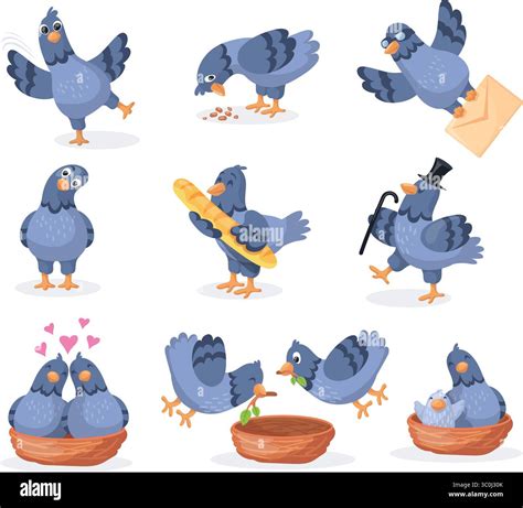 Cartoon pigeons characters. Pigeon cute mascot, funny city bird build nest flying dove character ...