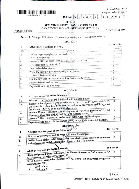 Cryptography And Network Security KCS074 paper 2024 - TIME: 3 HRS b C f ...