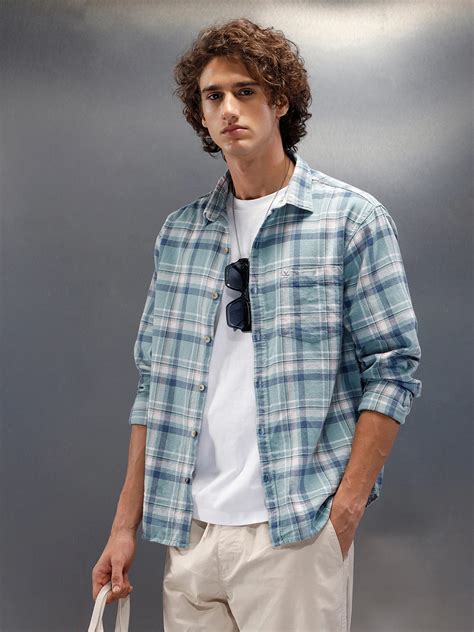 Textured Comfort Fit Checkered Pattern Shirt With Branding| Blue – Wrogn