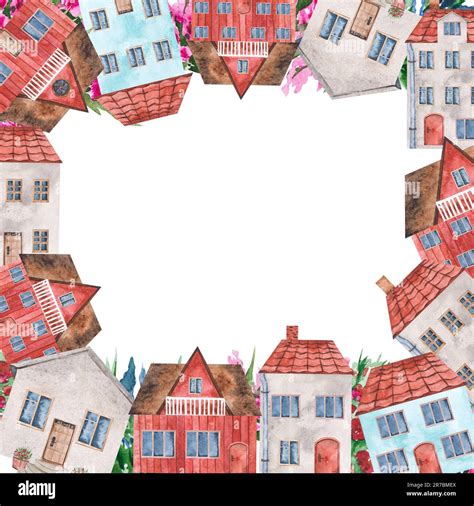 Watercolor frame with cute houses on a white background. Template for a postcard on one side ...