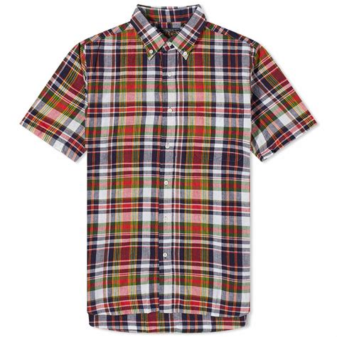 Beams Plus Men's BD Short Sleeve Madras Shirt in Navy Beams Plus