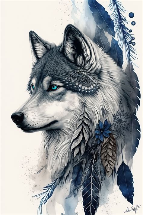 Native American Wolf Animal Art Dreamcatcher Wolf Picture Watercolor ...