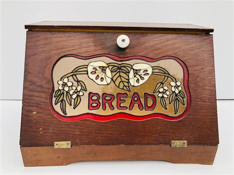 Vintage Wooden Bread Box With Floral Stained Glass Window, 1970s Bread ...