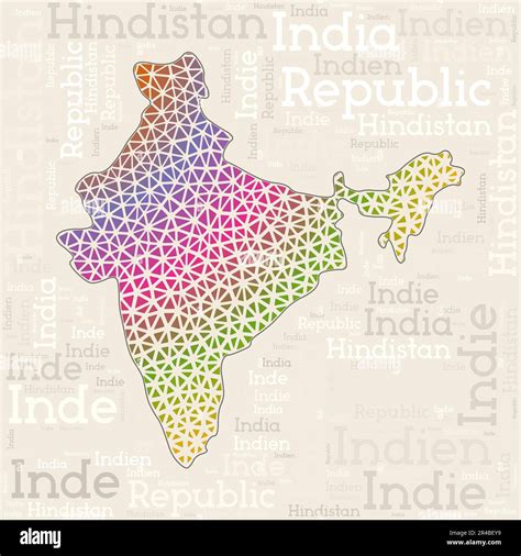 INDIA map design. Country names in different languages and map shape with geometric low poly ...