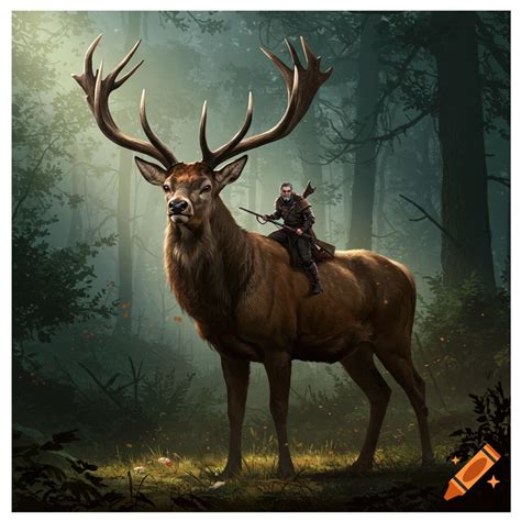 A hunter aims a rifle at several deer in a misty forest clearing. on ...