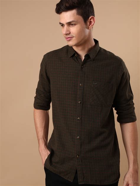 Buy Olive Green Checked Full Sleeve 100% Cotton Shirt – Crocodile