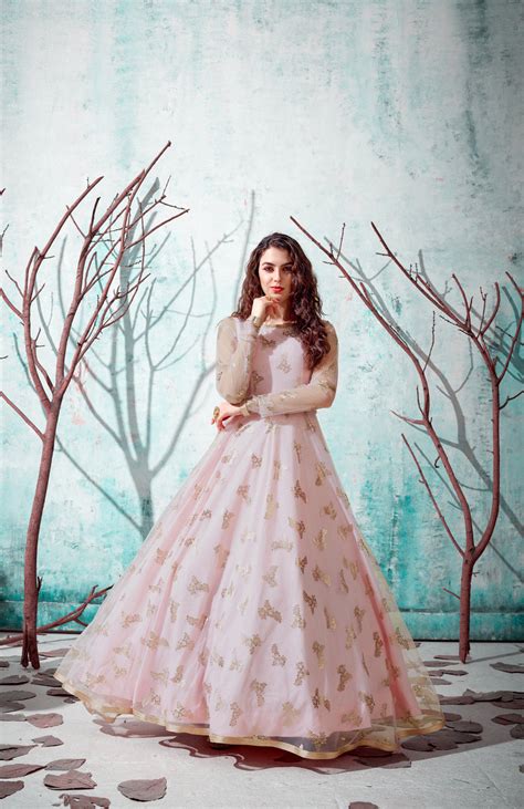 Indian Anarkali Long Gown With Metalic Foil Work And Bridal,
