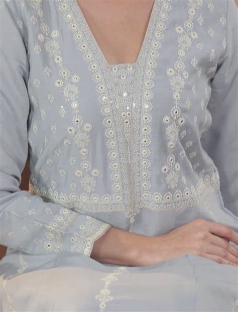 Buy Libas Art Powder Blue Embroidered Silk Blend A-Line Kurta With ...