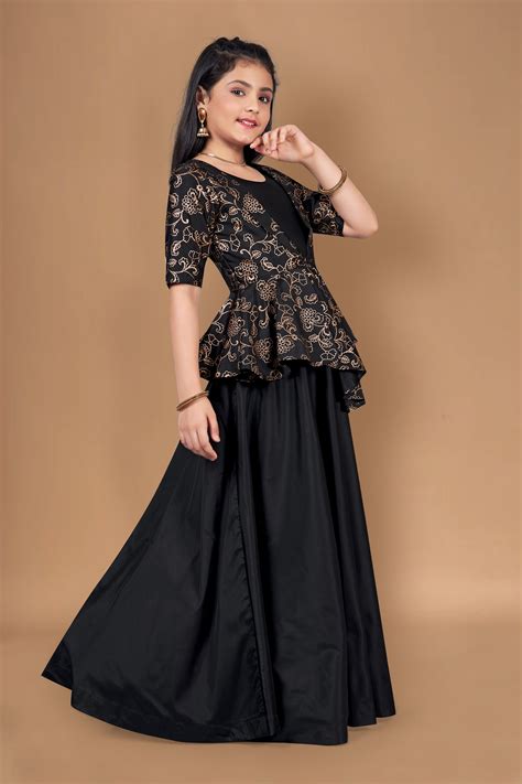 Girls Black Solid Maxi Dress With Attached Foil Printed Asymmetric Shr