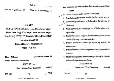 Mba 2 sem human resource management dy 287 2023 - Roll No. Note Attempt ...