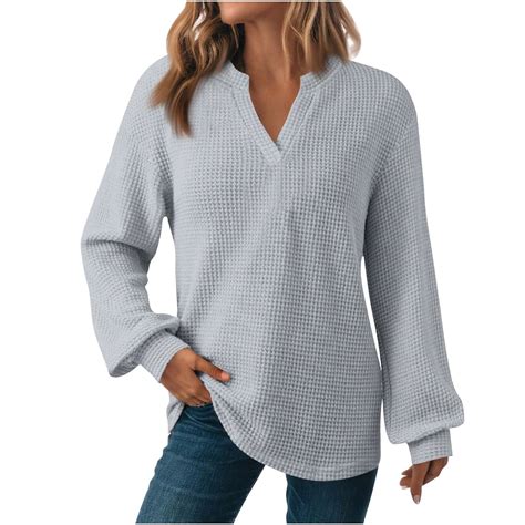 Women V Neck Waffle Knit Tops Long Sleeve Shirt Fall Fashion 2025 ...