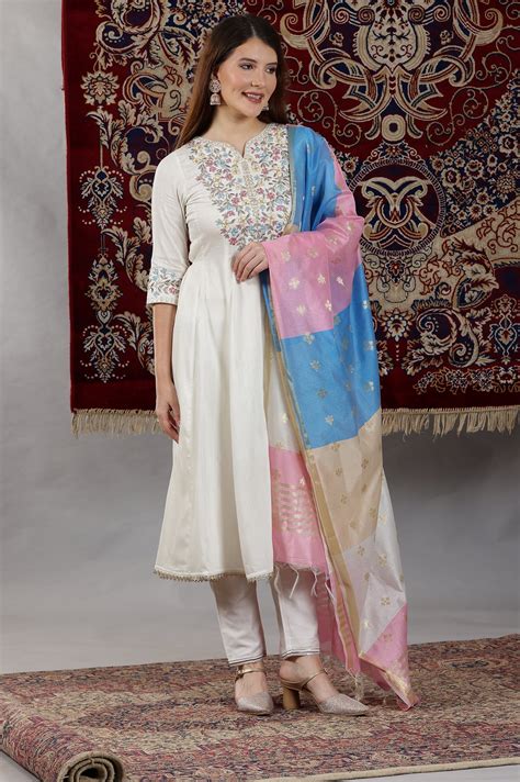 Buy Off-White Dori Embroidered Flared Kurta, Trousers and Dupatta Set ...