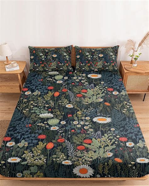 Amazon.com: Fitted Sheet Set for Queen Size Bed Farm Wild Flowers Field ...