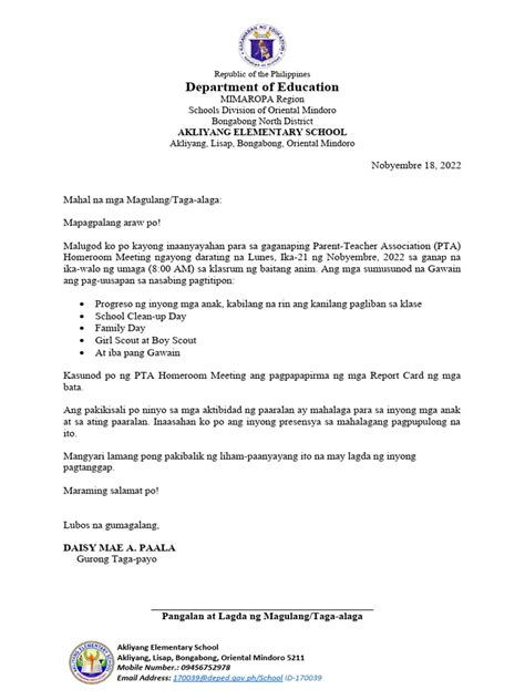 Letter for Parents Meeting 的图像结果