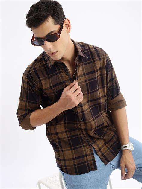 SHOWOFF Men's Long Sleeves Tartan Checks Slim Fit Brown Shirt