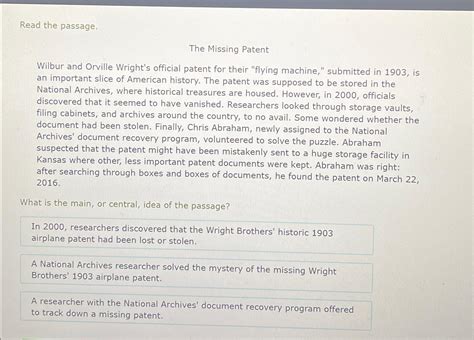 Solved Read the passage.The Missing PatentWilbur and Orville | Chegg.com