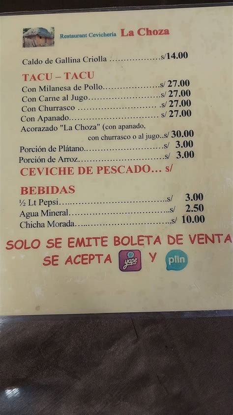 Carta del restaurante La Choza, Piura