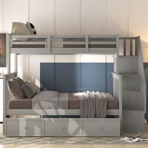 MERITLINE Twin Over Full Wooden Bunk Bed with Stairs India | Ubuy