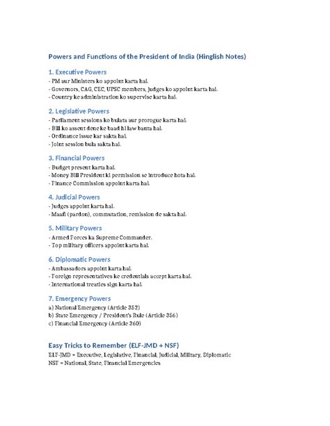 President Powers and Functions of India (Hinglish Notes) - Studocu