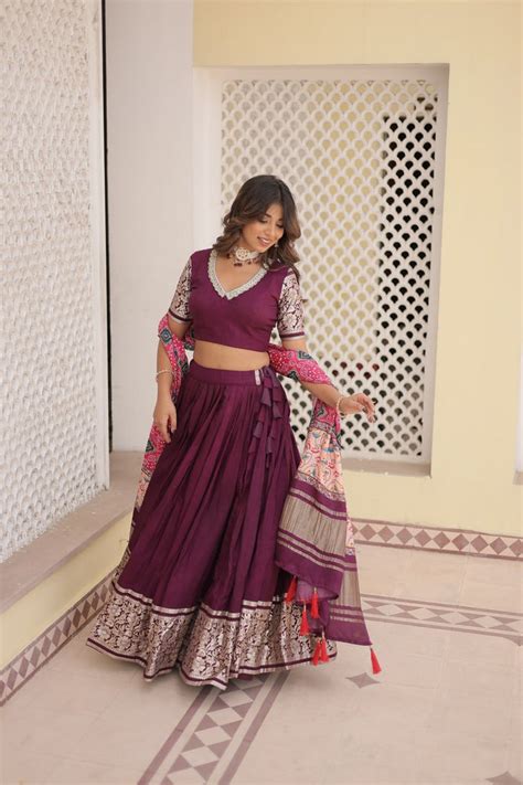 Viscose Jequard Wine Lehenga Choli Set with Gajji Silk Dupat