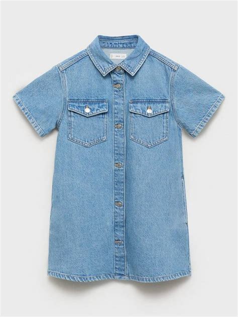 Mango Kids' Andrea Denim Short Sleeve Shirt Dress, Open Blue
