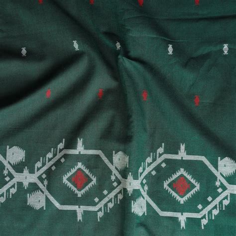 (PRE CUT 0.95 METER )Pure Cotton Handloom Jamdani Dark Green With Whit ...