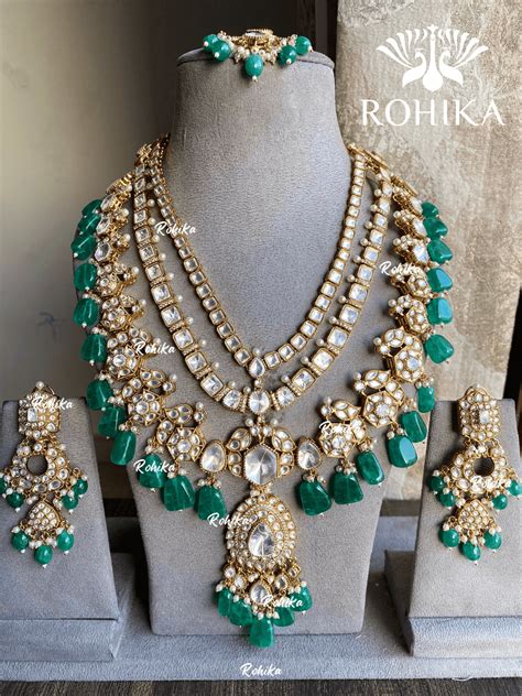Anika bikaneri jadau kundan long necklace set - Dark green – Rohika Store