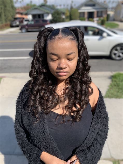 Two ponytails. Black hairstyles. Half up half down with two ponytails ...