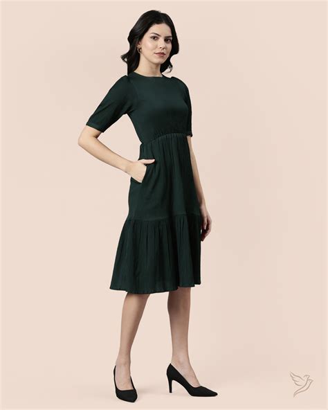 Buy Bottle Green Women Stylish Solid Wrinkle Dress Online