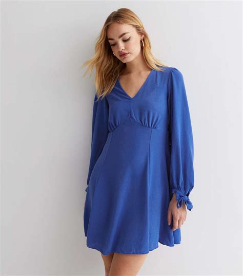 Bright Blue V Neck Tie Long Sleeve Mini Dress | New Look