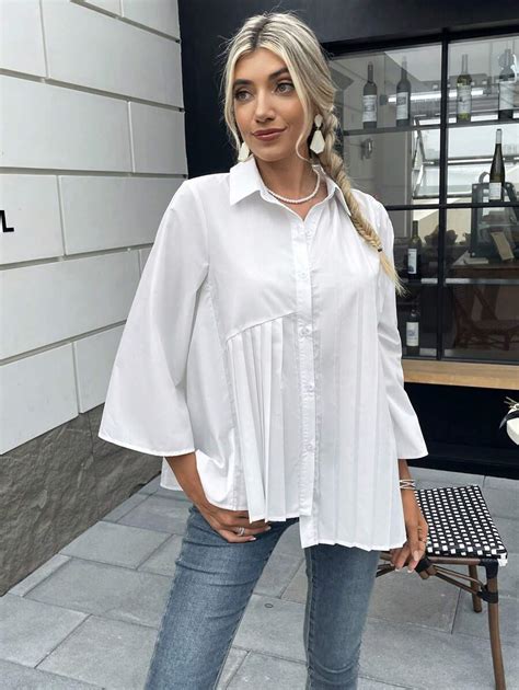 SHEIN Frenchy Solid Pleated Detail Button Front Shirt | SHEIN USA