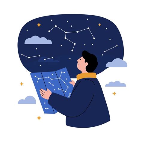 Person gazing at star map in night sky flat vector illustration ...