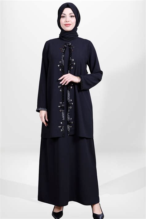 Black Beaded Embroidered Cardigan Dress - Beyza | ElbiseBul