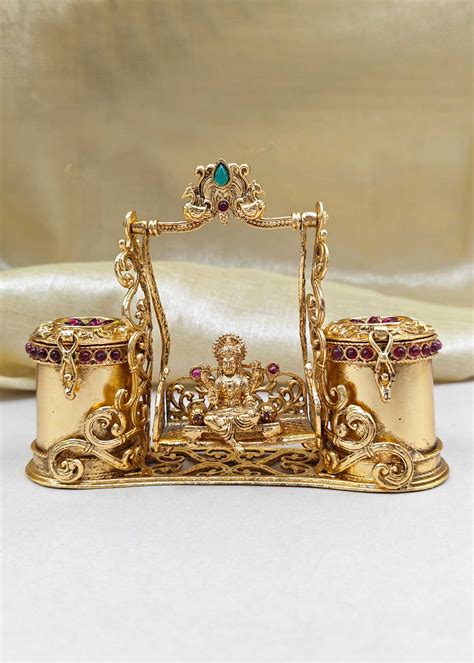 Antique Gold Plated Goddess Laxmi On Swing Dual Kumkum Box/ Sindoor Bo