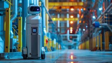 A futuristic robot stands in a factory setting | Premium AI-generated image