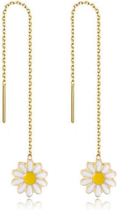 El Regalo Enamel Daisy Flower Threader Drop Earrings- Cute Flower Ear ...