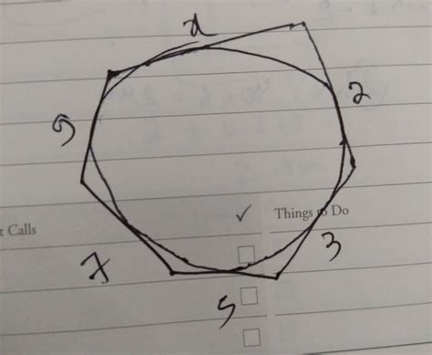 A circumscribed hexagon has sides 2,3,5,7,9 and x in clockwise order ...