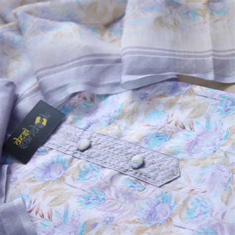 Light Purple with cream Base Floral Printed Cotton Linen Top and Dupat ...