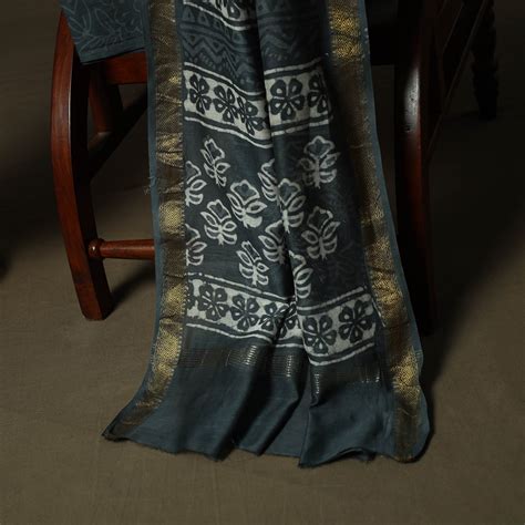 Blue Hand Block Batik Print Maheshwari Silk 3pc Unstitched Dress ...