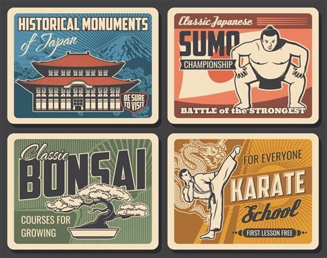 Religion of japan sumo bonsai and karate banner | Premium Vector