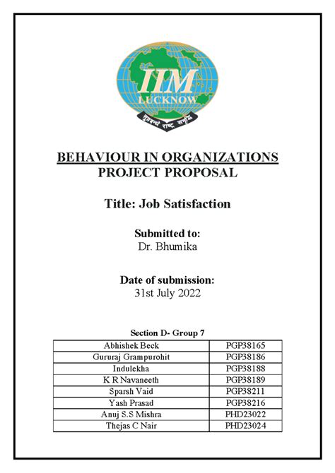 Proposal - Job Satisfaction - BEHAVIOUR IN ORGANIZATIONS PROJECT ...
