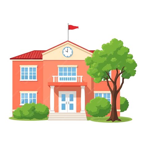 School building with flag and clock | Premium Vector