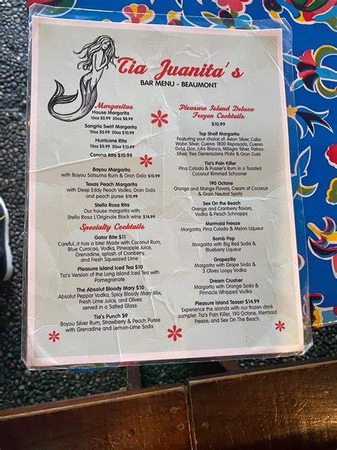 Menu at Tia Juanita's Fish Camp restaurant, Beaumont, Calder Ave