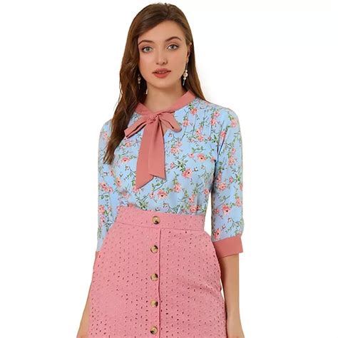 Women's Floral Tops Bow Tie V Neck Contrast Trim 3/4 Sleeve Vintage Blouse