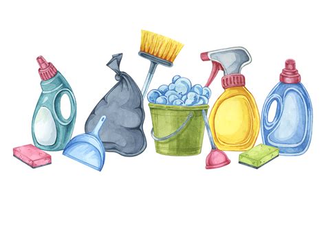 Array of cleaning supplies. Watercolor clipart for cleaning services ...