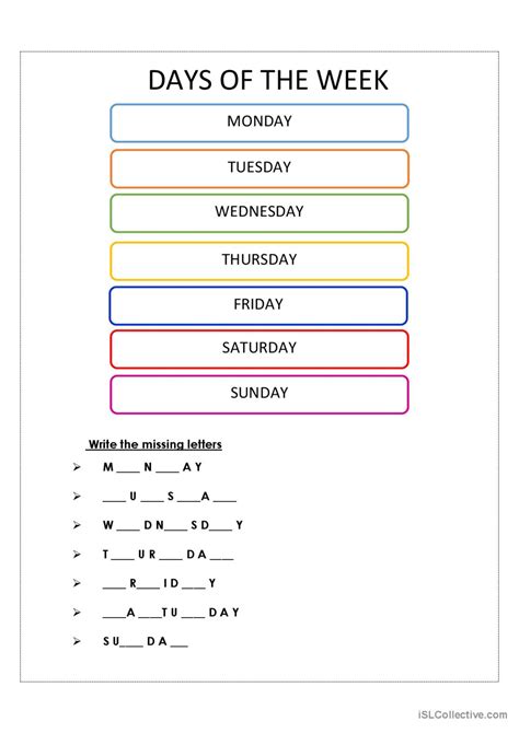 Days Of The Week In English Worksheet - Adriansonfifth