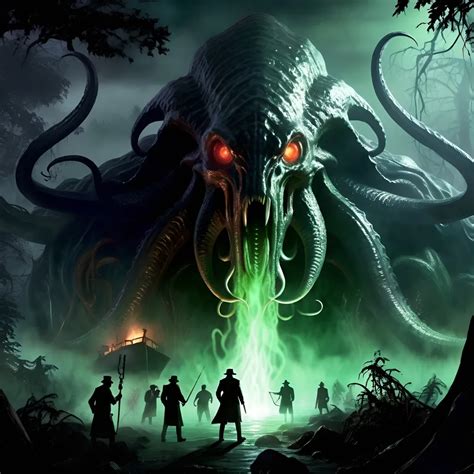 eldritch horror investigators, 1920's, in dark fores...