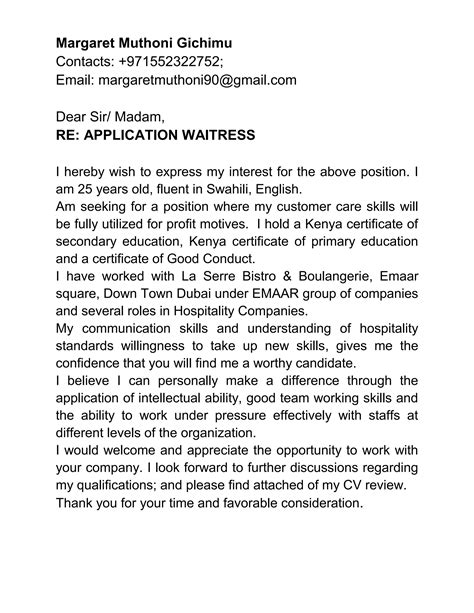 Margaret Muthoni (Waitress cv,cover letter & photo)new | PDF