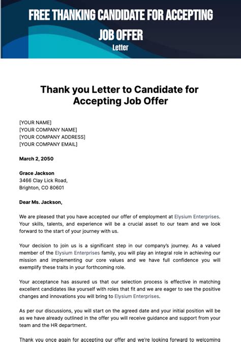 Free Thank you Letter to Candidate for Accepting Job Offer Template to ...