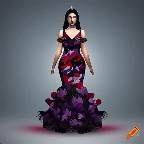 Photorealistic rendering of a red-violet and grey camo mini dress with ...